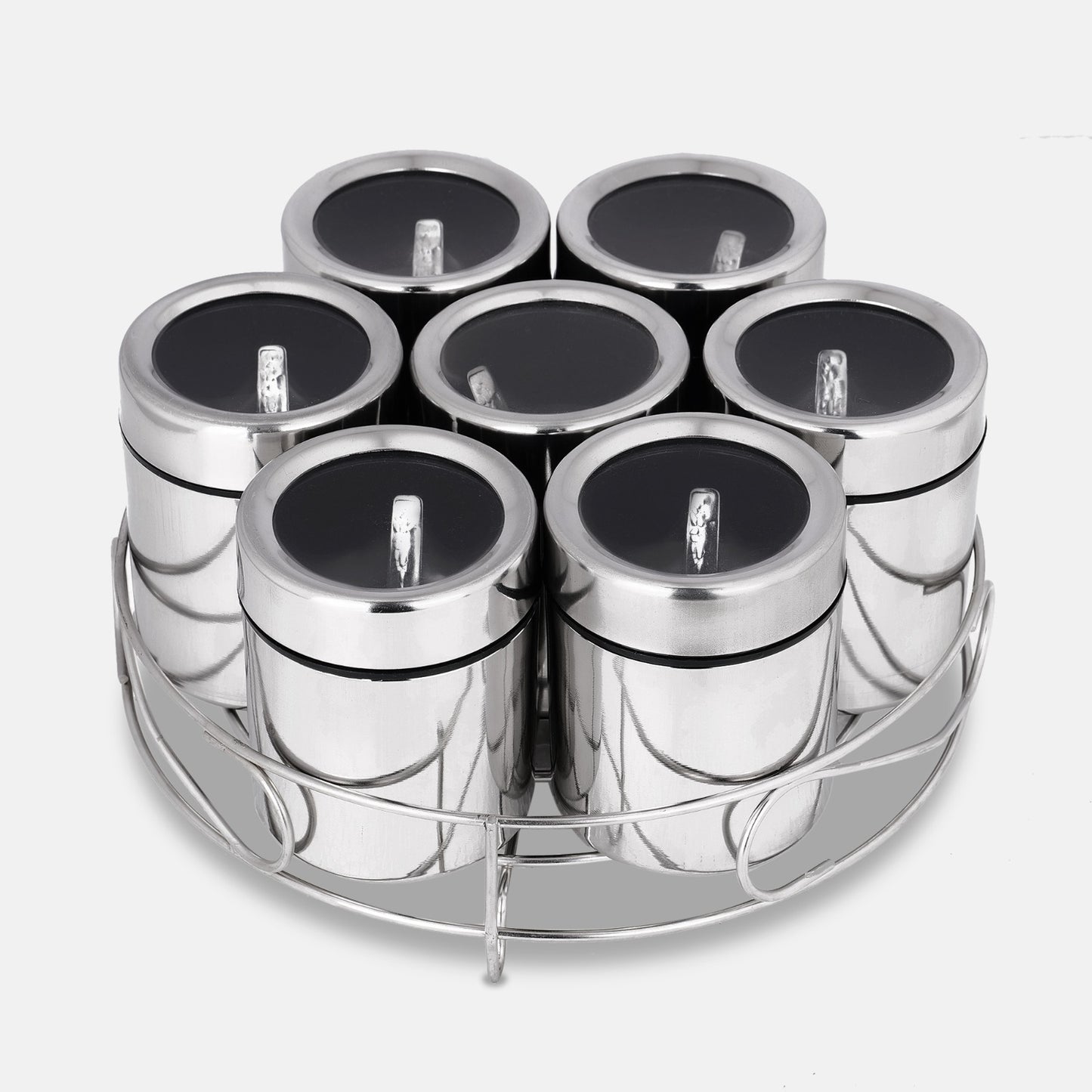 7 Pcs Masala Box Set with Stand | Individual Transparent Lids & 7 Spoons | Stainless Steel Spice Jars Organizer for Kitchen