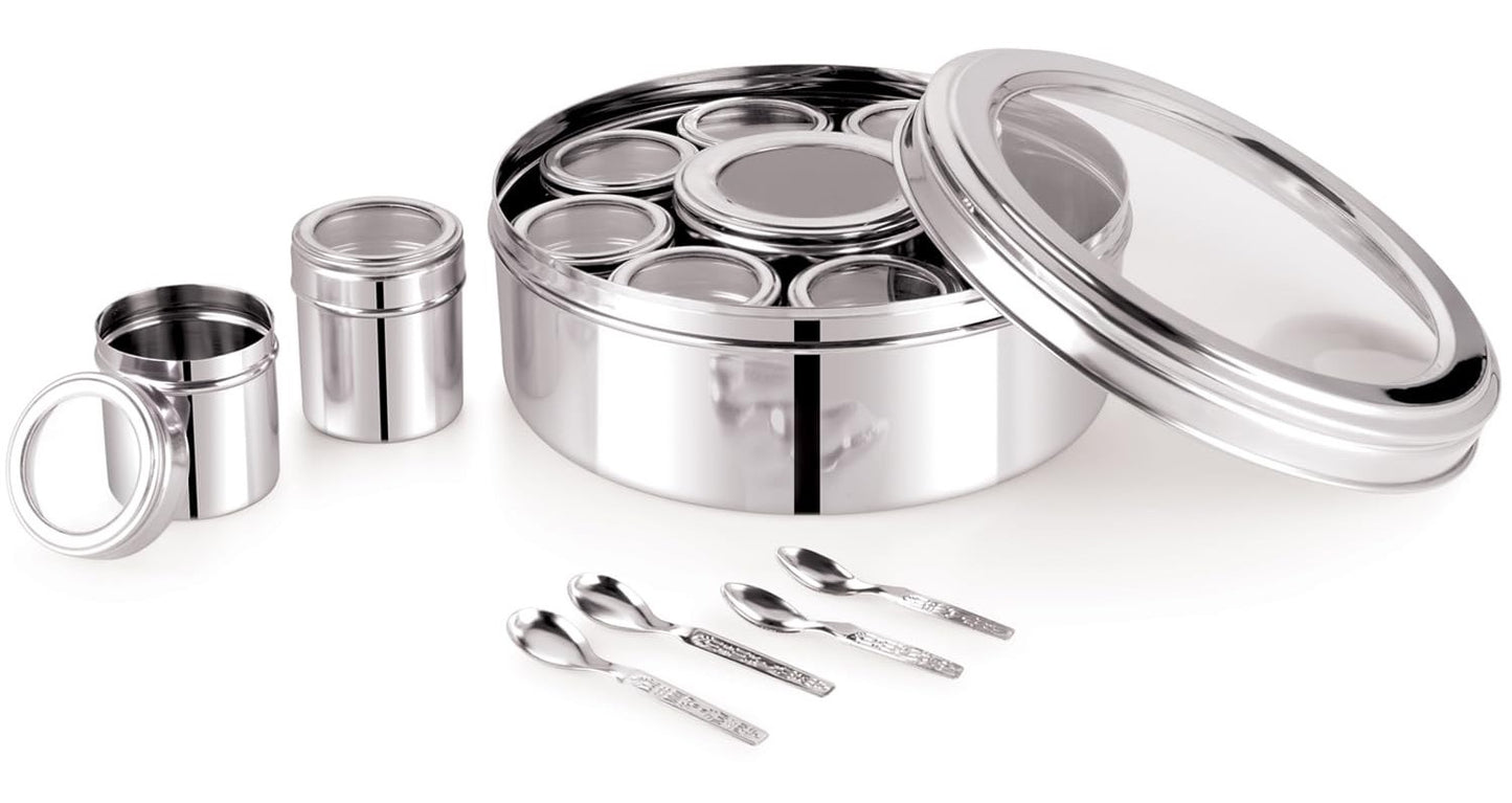 9 in 1 Masala Box | 2.5 Litre with Transparent Lid & 4 Spoons | Round Stainless Steel Masala Organizer/Dabba for Kitchen (Silver)