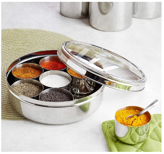 Masala Container | 1.5 Litre with 7 Containers, Transparent Lid & Spoon | Round Stainless Steel Masala Organizer/Dabba for Kitchen (Silver)