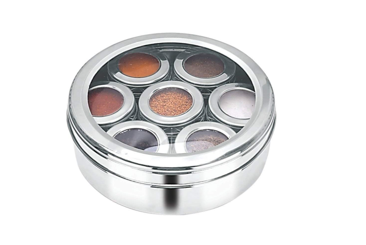 Masala Container | 1.5 Litre with 7 Containers, Transparent Lid & Spoon | Round Stainless Steel Masala Organizer/Dabba for Kitchen (Silver)