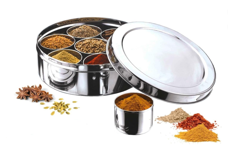 Masala Container | 1.5 Litre with 7 Containers, Transparent Lid & Spoon | Round Stainless Steel Masala Organizer/Dabba for Kitchen (Silver)