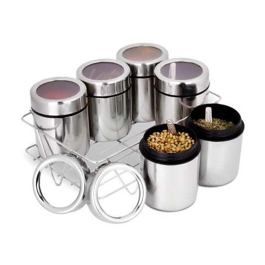 6 Pcs Masala Box with Stand | 175 ml Each with Transparent Lids & Stand | Stainless Steel Spice Jars Organizer for Kitchen