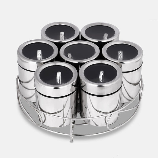 7 Pcs Masala Box Set with Stand | Individual Transparent Lids & 7 Spoons | Stainless Steel Spice Jars Organizer for Kitchen