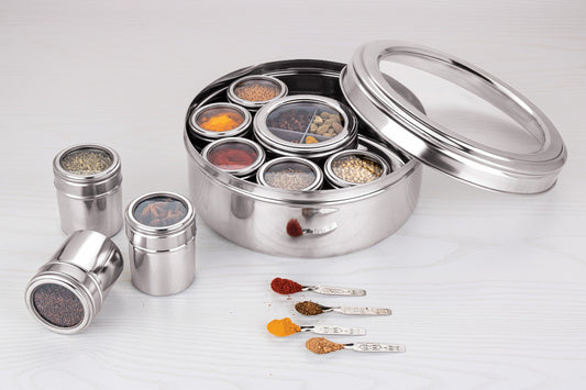 9 in 1 Masala Box | 2.5 Litre with Transparent Lid & 4 Spoons | Round Stainless Steel Masala Organizer/Dabba for Kitchen (Silver)