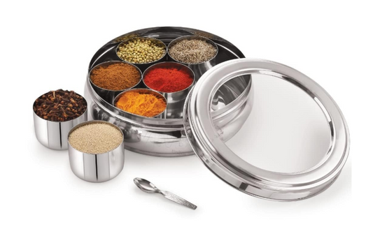 Masala Container | 1.5 Litre with 7 Containers, Transparent Lid & Spoon | Round Stainless Steel Masala Organizer/Dabba for Kitchen (Silver)