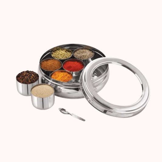 Masala Container | 1.5 Litre with 7 Containers, Transparent Lid & Spoon | Round Stainless Steel Masala Organizer/Dabba for Kitchen (Silver)