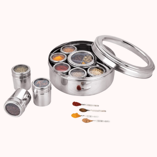 9 in 1 Masala Box | 2.5 Litre with Transparent Lid & 4 Spoons | Round Stainless Steel Masala Organizer/Dabba for Kitchen (Silver)