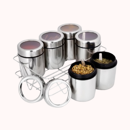 6 Pcs Masala Box with Stand | 175 ml Each with Transparent Lids & Stand | Stainless Steel Spice Jars Organizer for Kitchen