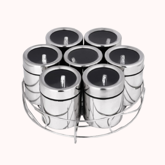 7 Pcs Masala Box Set with Stand | Individual Transparent Lids & 7 Spoons | Stainless Steel Spice Jars Organizer for Kitchen